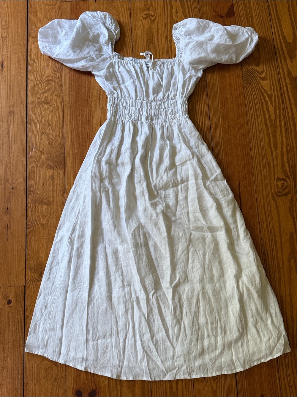 Faithfull the Brand 100% Linen Puff-Sleeve Smocked Dress
